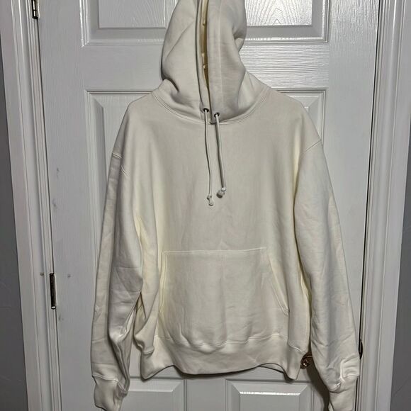 🔥 Vintage CHAMPION REVERSE WEAVE Blank Hoodie Sweatshirt - Cream - PERFECT - L - Picture 1 of 10
